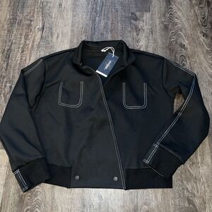 UOOZEE women's loose cardigan top stand collar Shackett Jacket faux pockets LG